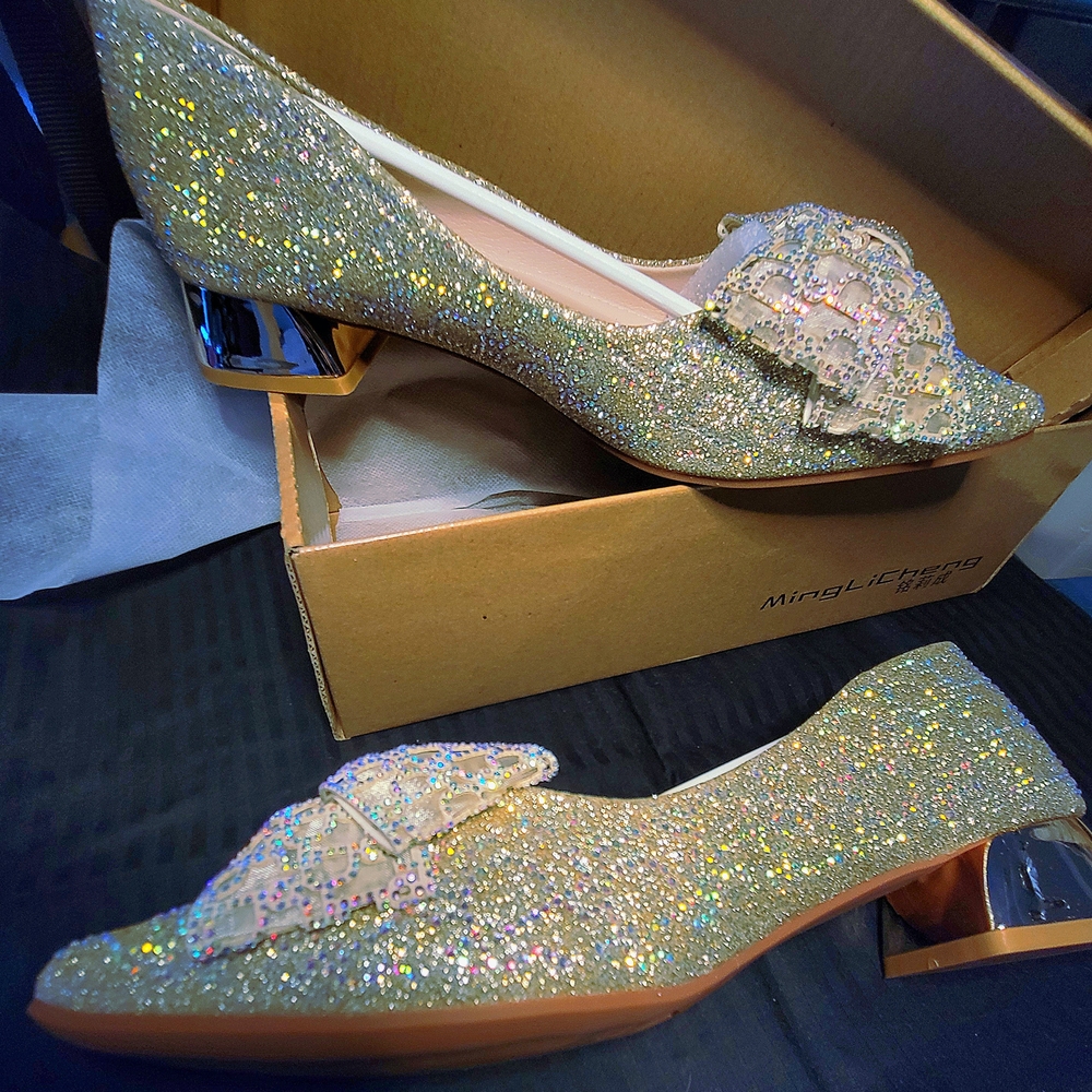 Sparkling Gold & AB Rhinestone Bow Pumps W/ Block Heel Size 10 (41) NIB